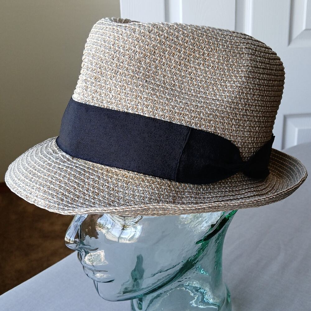 Straw Raffia Fedora Hat 22" Panama Pork Pie grosgrain band braided woven